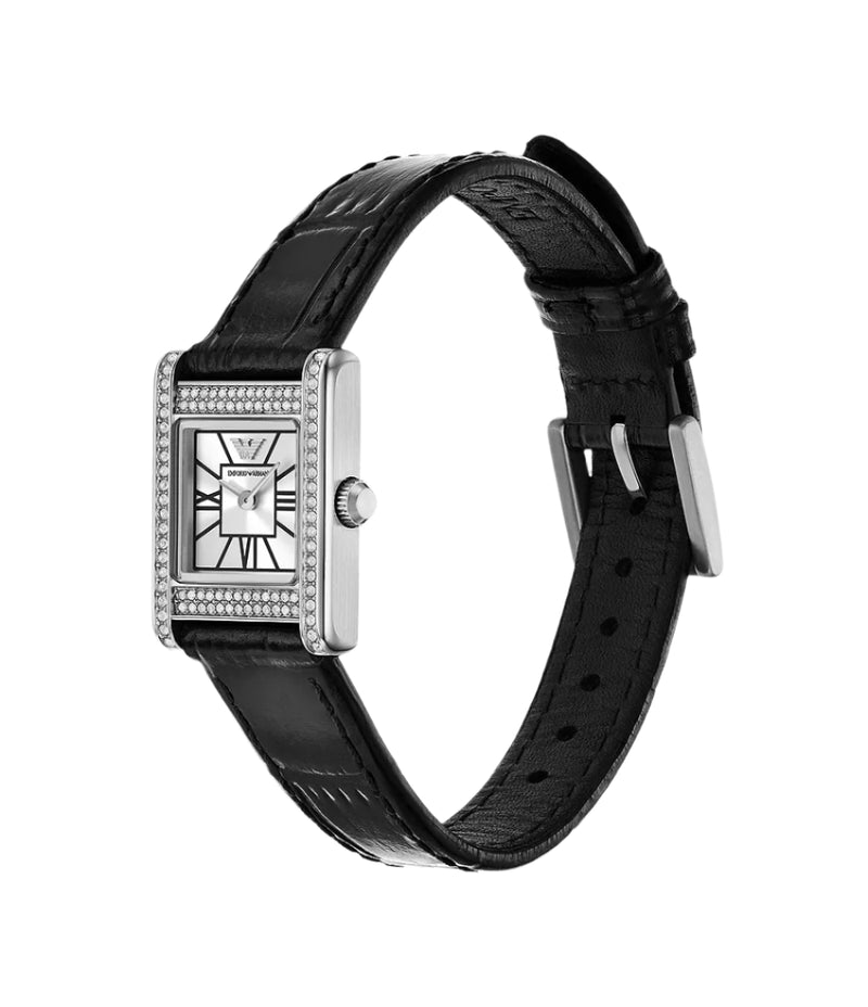 Emporio Armani Two-Hand Silver Dial Black Leather Strap Watch AR11660