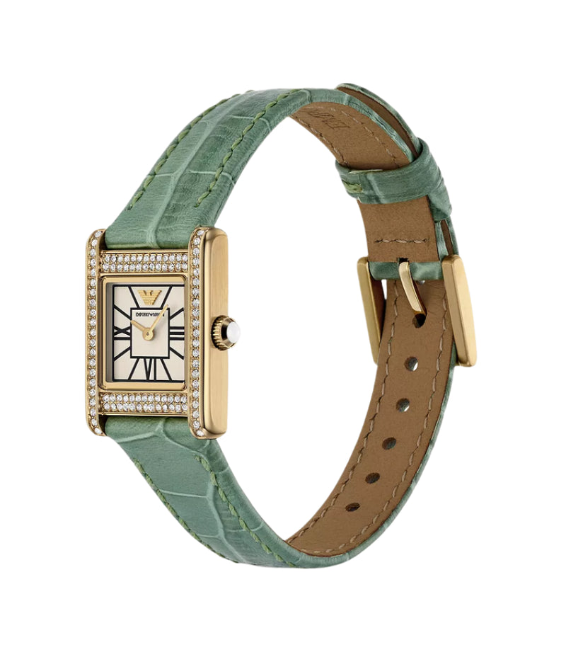 Emporio Armani Two-Hand White Dial Green Leather Strap Watch AR11661