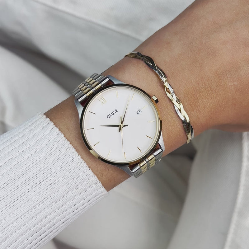 CLUSE Minuit Date Coconut Milk Bicolour Link Watch CW14302