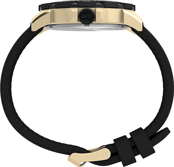 Wristwatch with a gold-toned case and black rubber strap.