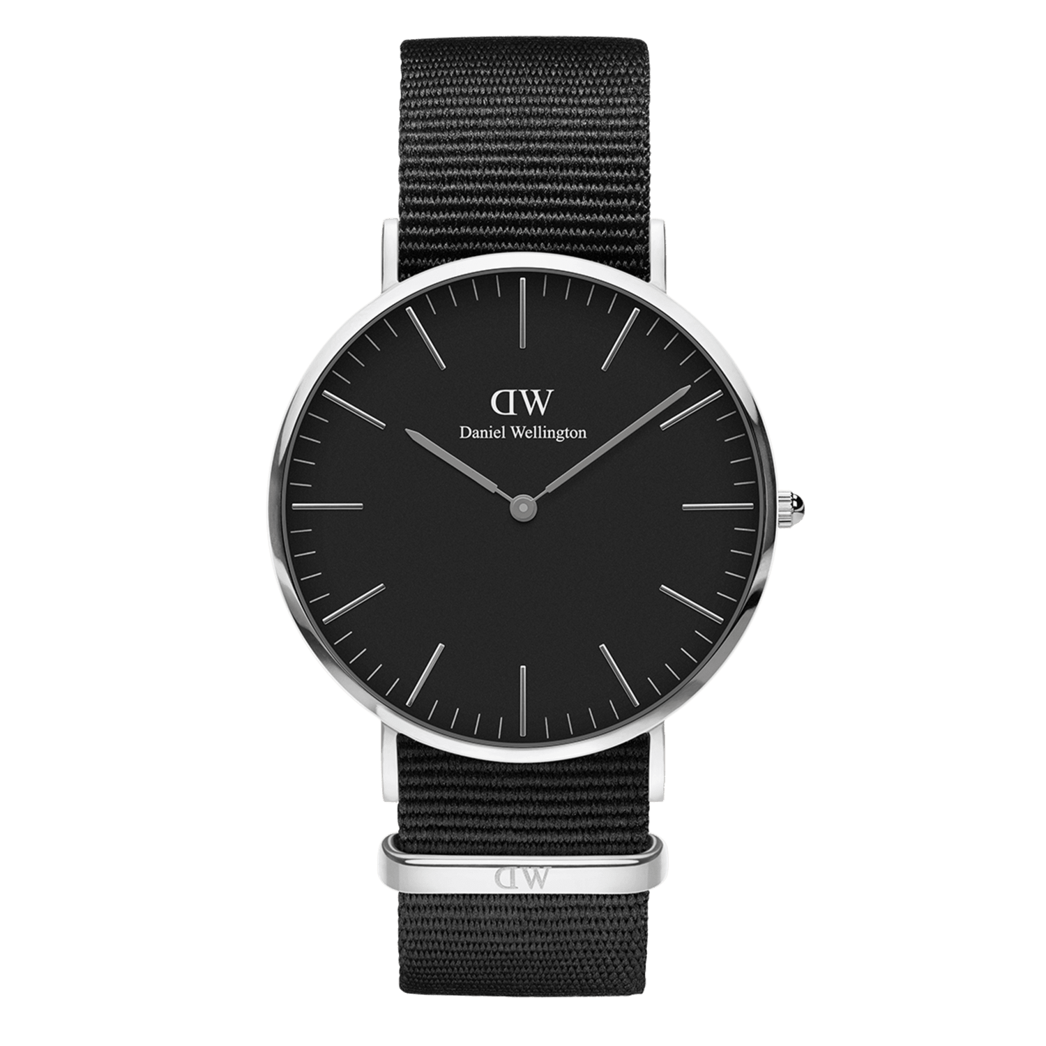 Sleek black wristwatch with a minimalist dial and fabric strap.