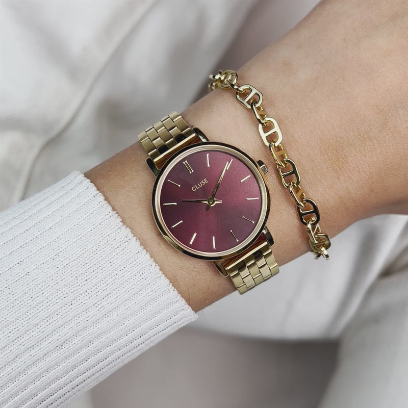 CLUSE Boho Chic Petite Dark Cherry Gold Link Watch CW10505