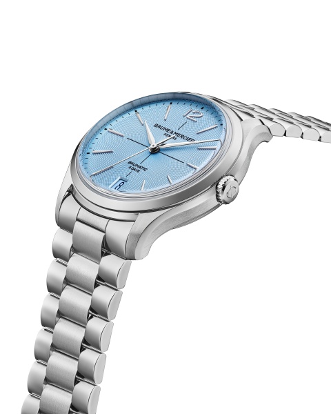Profile view of the Baume & Mercier Clifton M0A10870 showing the 39mm polished and satin-finished steel case.