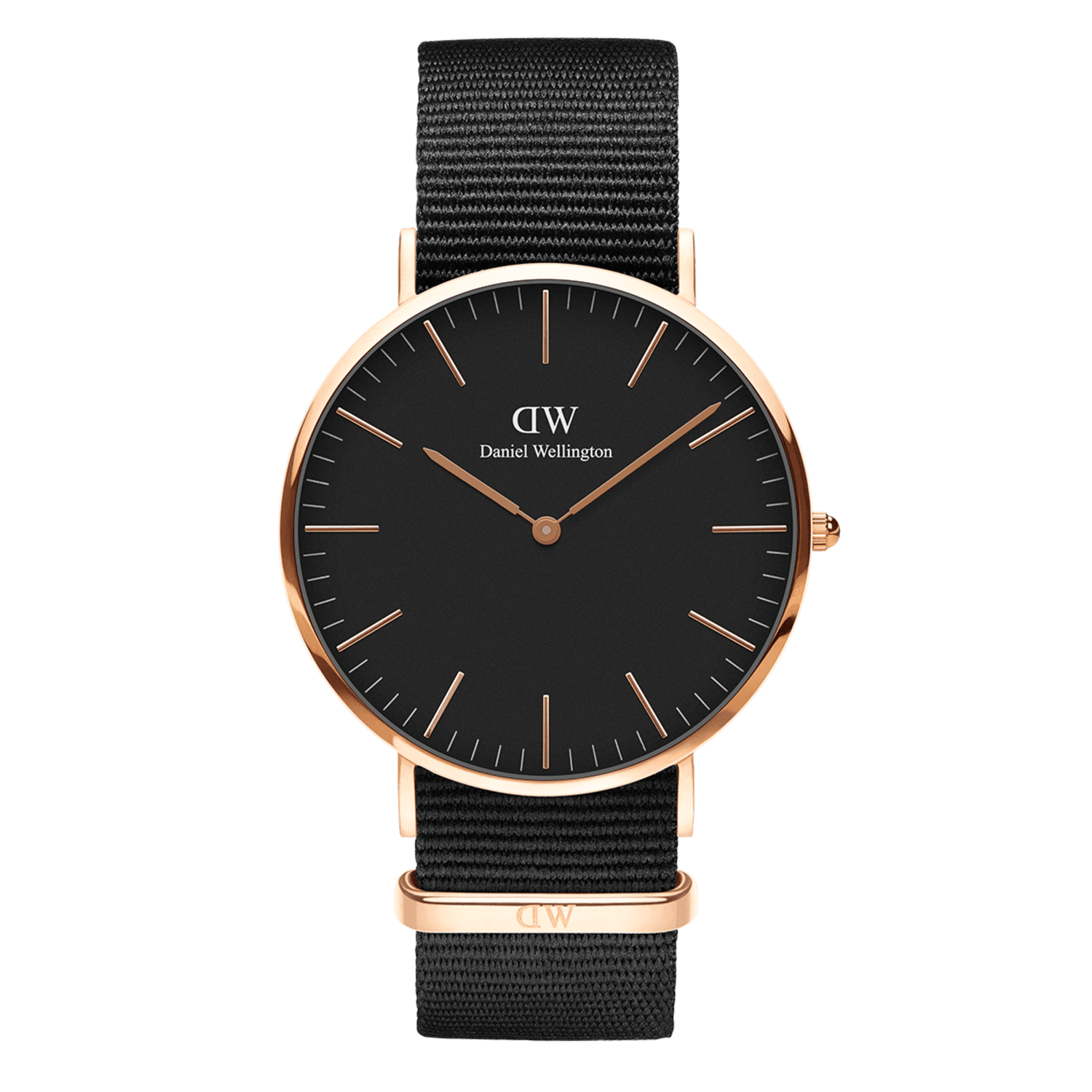 Elegant wristwatch with a black face, rose gold accents, and a black fabric strap.