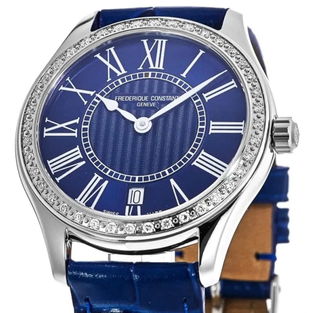 Frederique Constant Classics Diamond Bezel Blue Dial and Leather Band Ladies FC-220MN3BD6