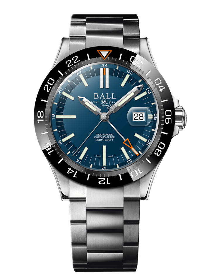 Stainless steel wristwatch with a blue dial and black rotating bezel.
