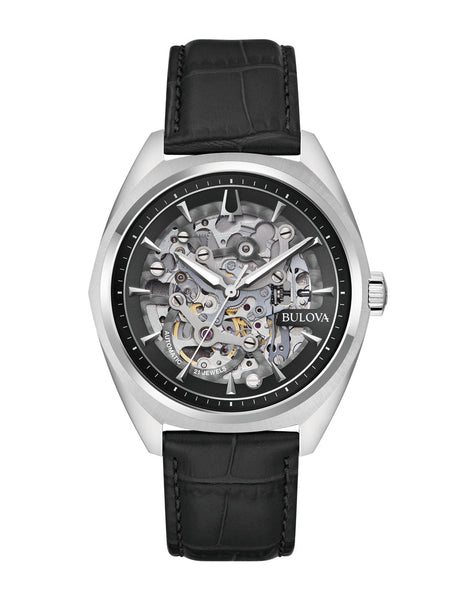 Bulova Surveyor Grey Dial Automatic Watch with Black Leather
