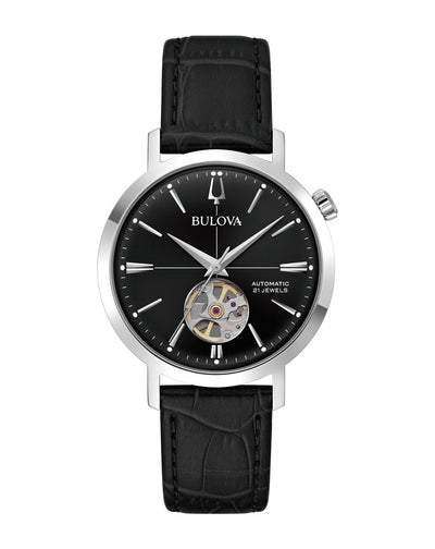 Bulova Timeless Elegance Automatic Black Dial with Leather Strap Watch 96A317