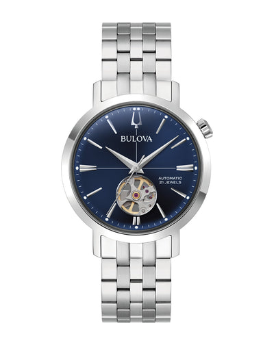 Bulova Classic Blue Dial Automatic Stainless Steel Elegance Watch with Exhibition Back and 40 Hour Power Reserve 96A320