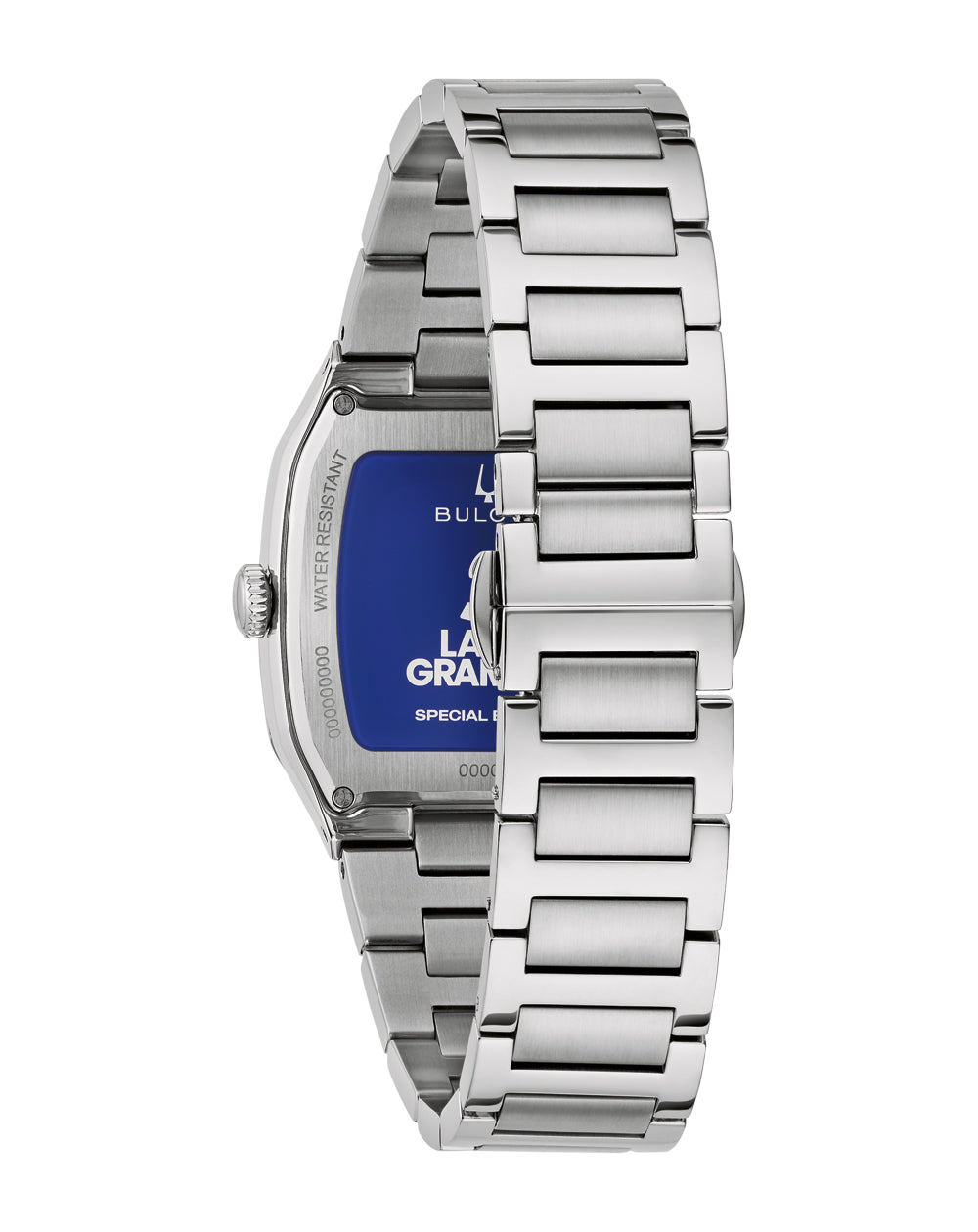 Rear view of the Bulova Millennia 96A336 steel bracelet and deployant clasp.