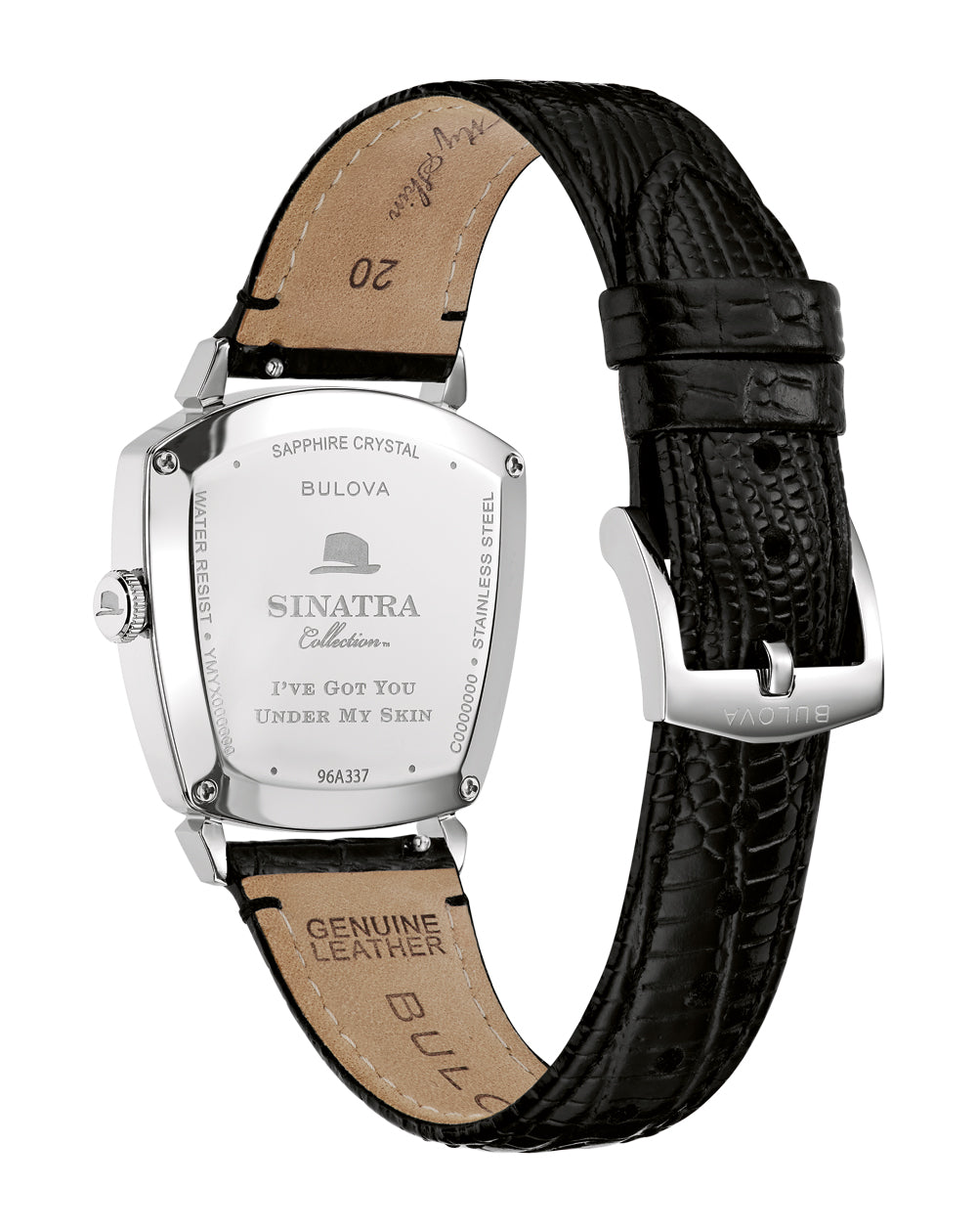 Rear view of the Bulova Frank Sinatra 96A337 black leather strap and buckle.