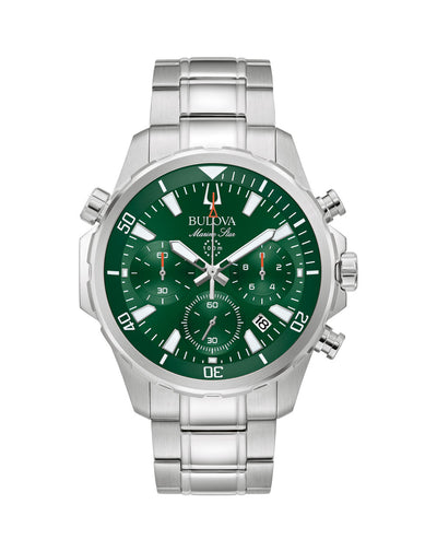 Stainless steel wristwatch with a green dial and chronograph features.