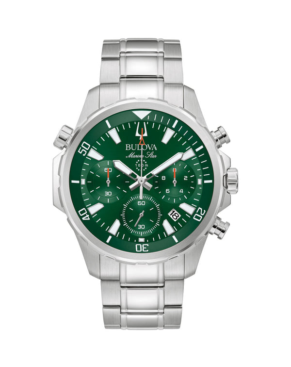 Stainless steel wristwatch with a green dial and chronograph features.