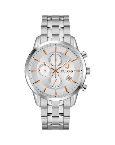 Silver-toned men’s chronograph wristwatch with a white dial and rose gold accents.