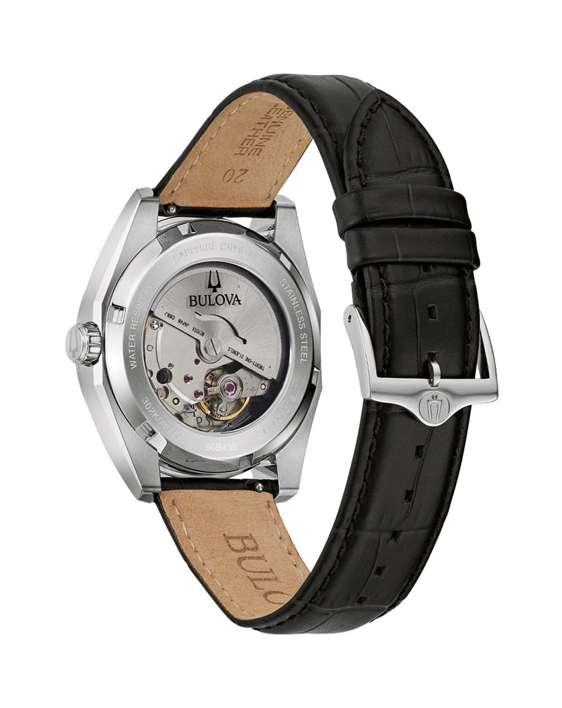 Bulova Classic Surveyor Leather Strap Watch with Black Dial and Silver-Tone Case Model 96B435