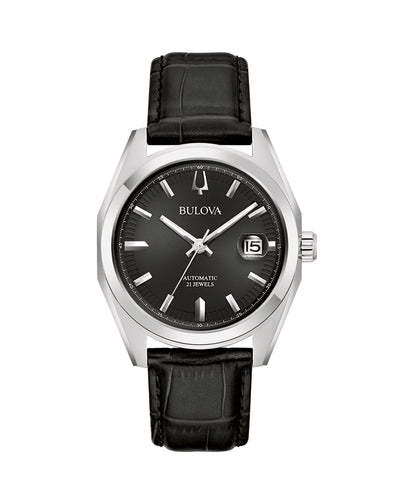 Bulova Classic Surveyor Leather Strap Watch with Black Dial and Silver-Tone Case Model 96B435