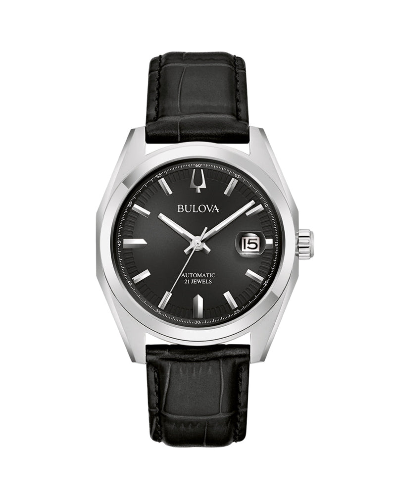 Bulova Classic Surveyor Leather Strap Watch with Black Dial and Silver-Tone Case Model 96B435