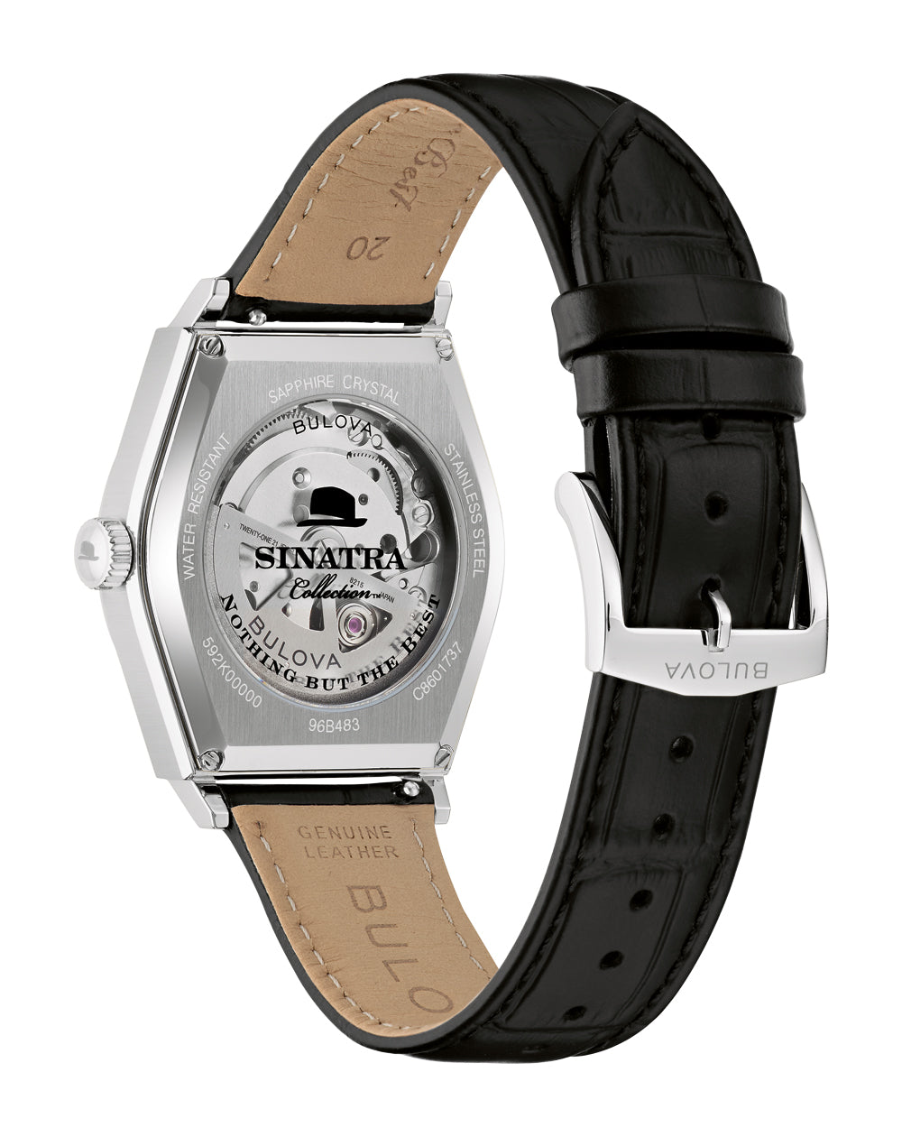 Exhibition caseback of the Bulova Frank Sinatra 96B483 automatic watch.