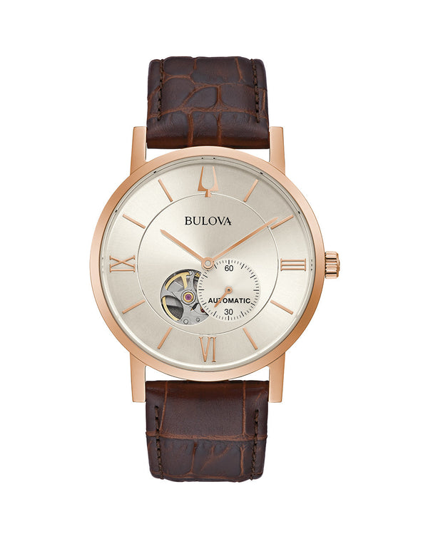 Elegant wristwatch with a brown leather strap and rose gold-toned case.