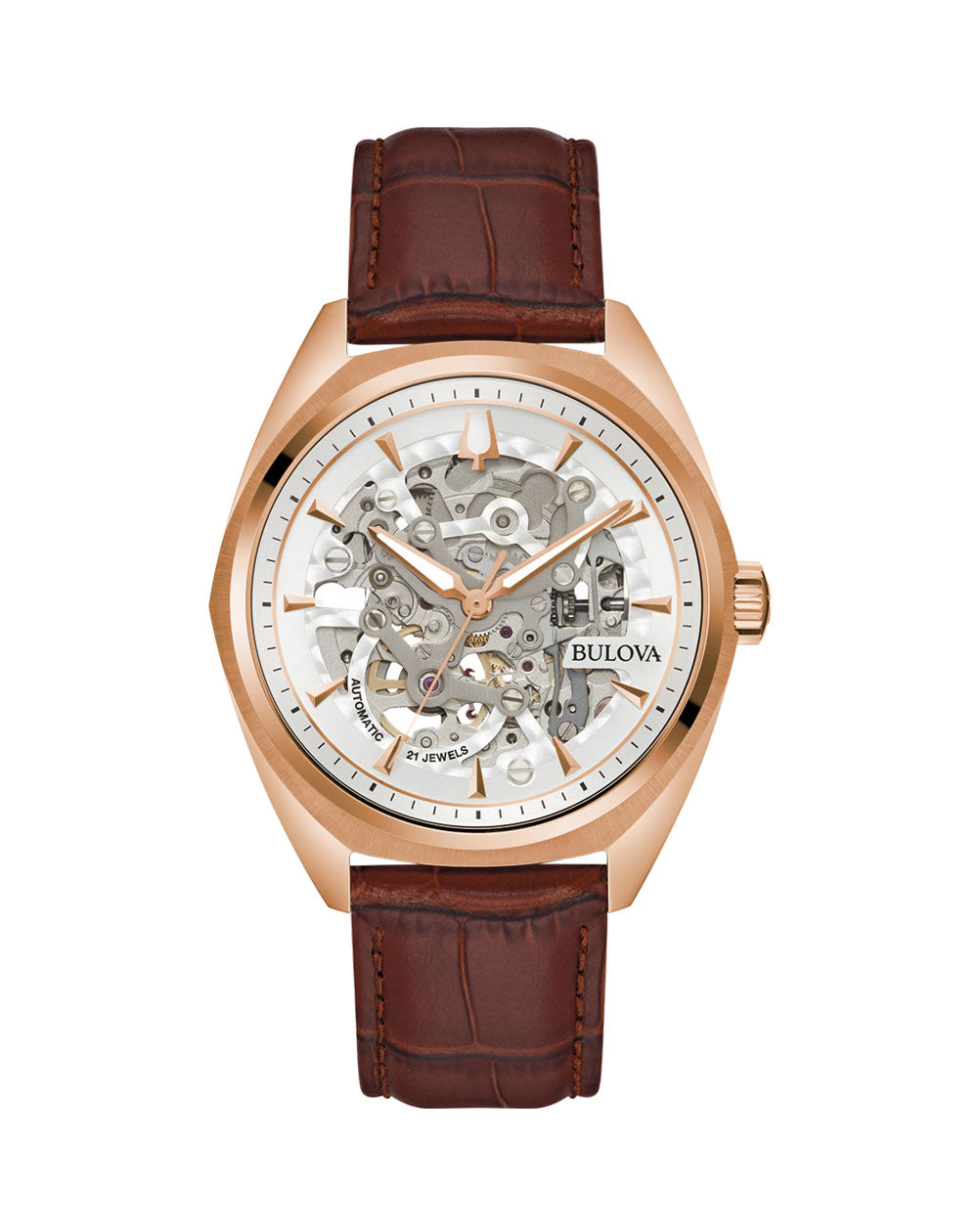 Luxury wristwatch with a skeleton dial and brown leather strap.