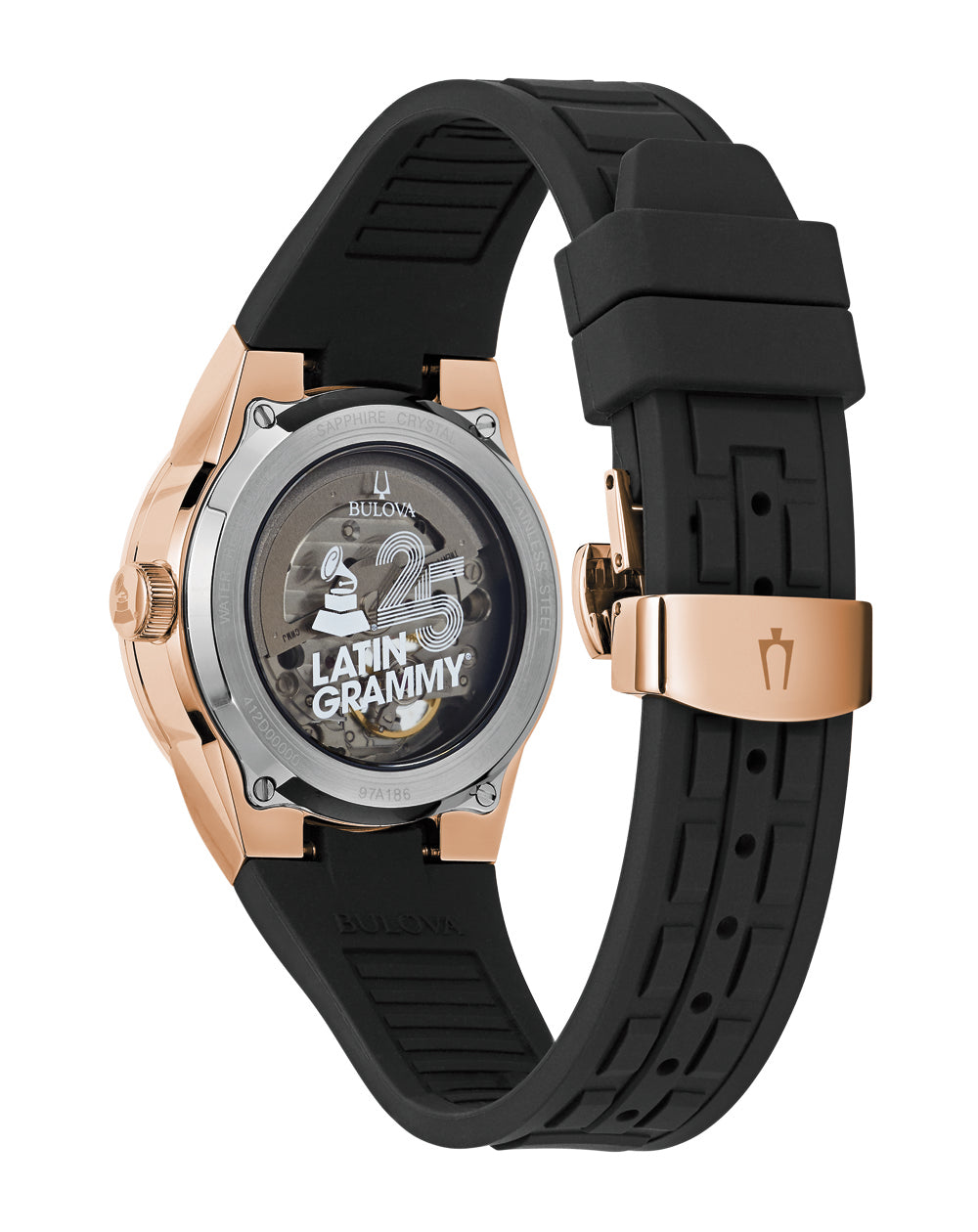 Bulova Latin Grammy Gemini – Orologio Quarzo Donna – Cassa Oro Rosa E Cinturino In Silicone Nero – Cristallo Minerale Curvo
