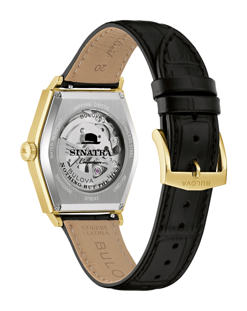 Exhibition caseback of the Bulova Frank Sinatra 97B243 gold-tone automatic watch.