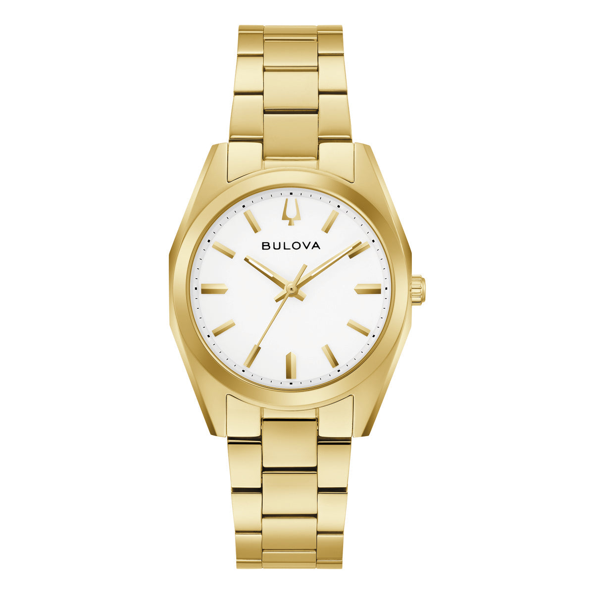 Bulova Surveyor 97L206 women's quartz watch with a white dial on a gold-tone stainless steel bracelet
