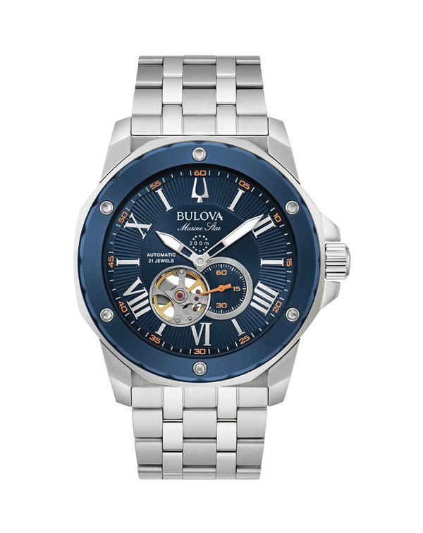 Stainless steel wristwatch with a blue dial and visible mechanical components.