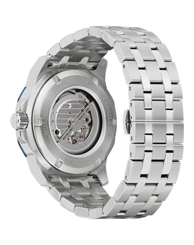 Stainless steel wristwatch with a visible mechanical movement through the transparent case back.