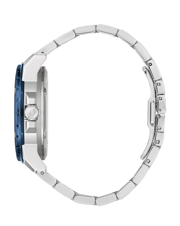 Stainless steel wristwatch with a blue bezel and silver metal bracelet.