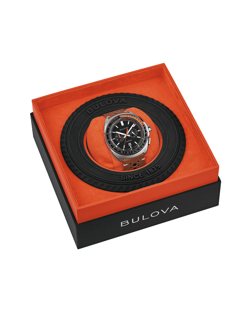 Bulova Racer Series Chronograph Stainless Steel Watch with Brown Leather Band Model 98B427