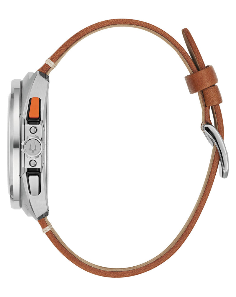 Bulova Racer Series Chronograph Stainless Steel Watch with Brown Leather Band Model 98B427