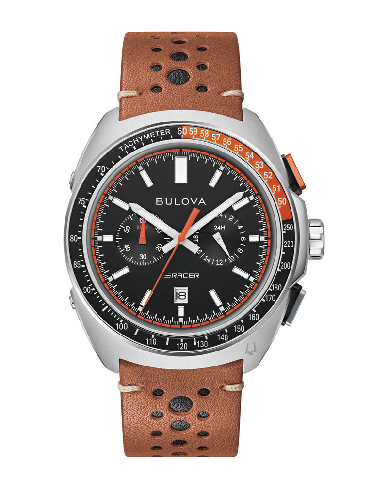 Bulova Racer Series Chronograph Stainless Steel Watch with Brown Leather Band Model 98B427
