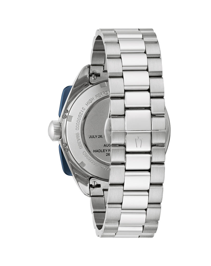 Stainless steel wristwatch with a metal bracelet band viewed from the side.