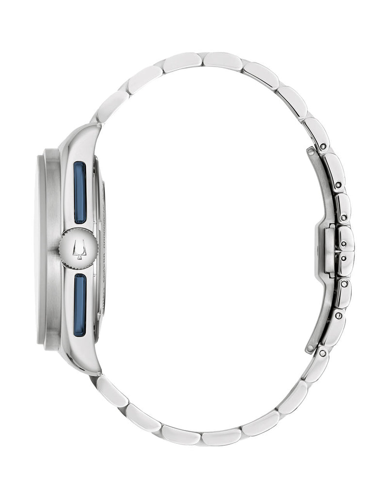 Sleek silver wristwatch with a metallic band and blue accents on the dial.