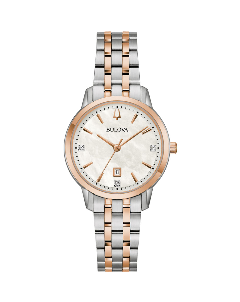 Bulova Ladies Classic Two-Tone Quartz Watch with Mother-of-Pearl Dial 98P213 featuring diamond accents and date display.