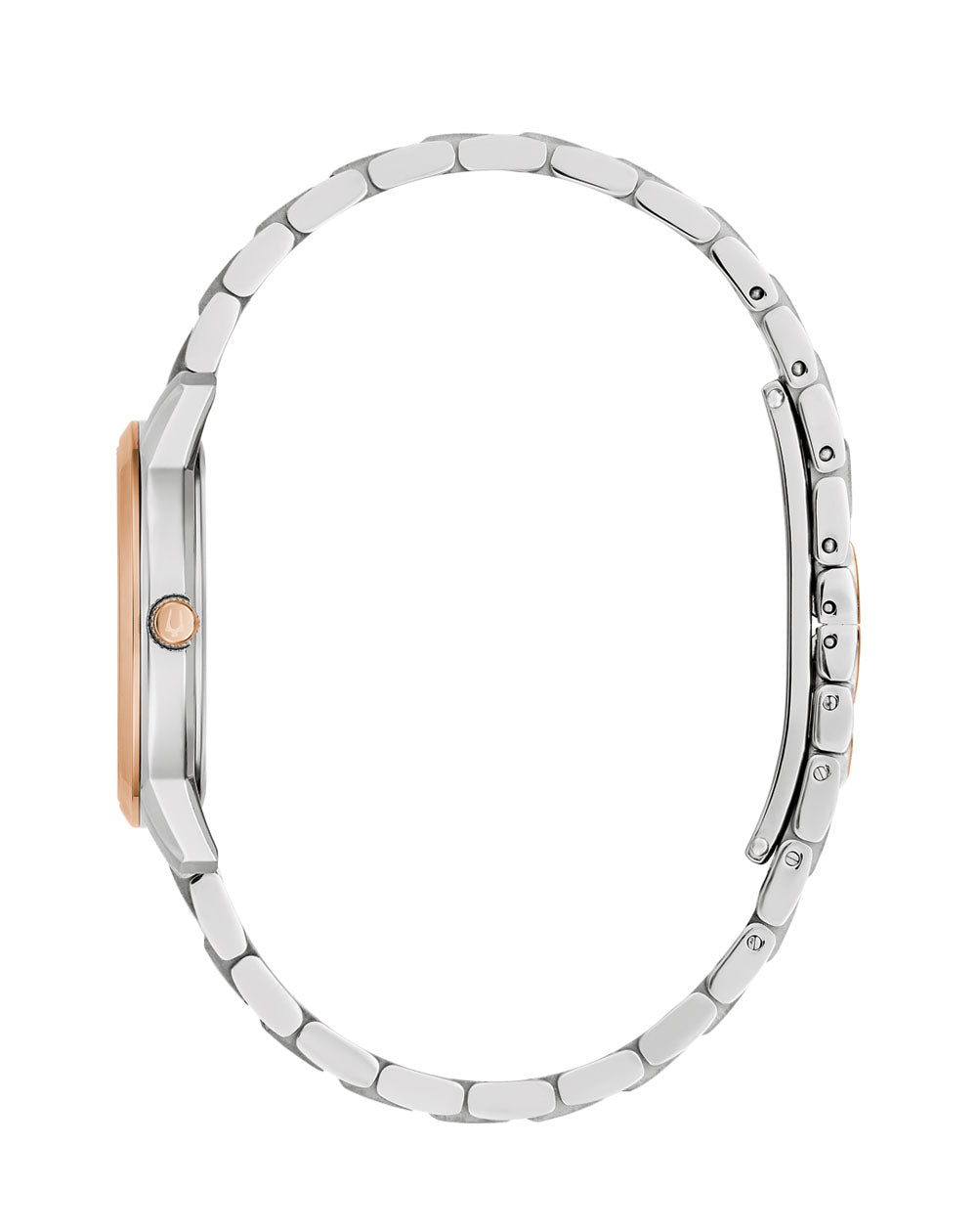 Side profile of Bulova Ladies Classic Two-Tone Quartz Watch with Mother-of-Pearl Dial 98P213 showing sleek design.