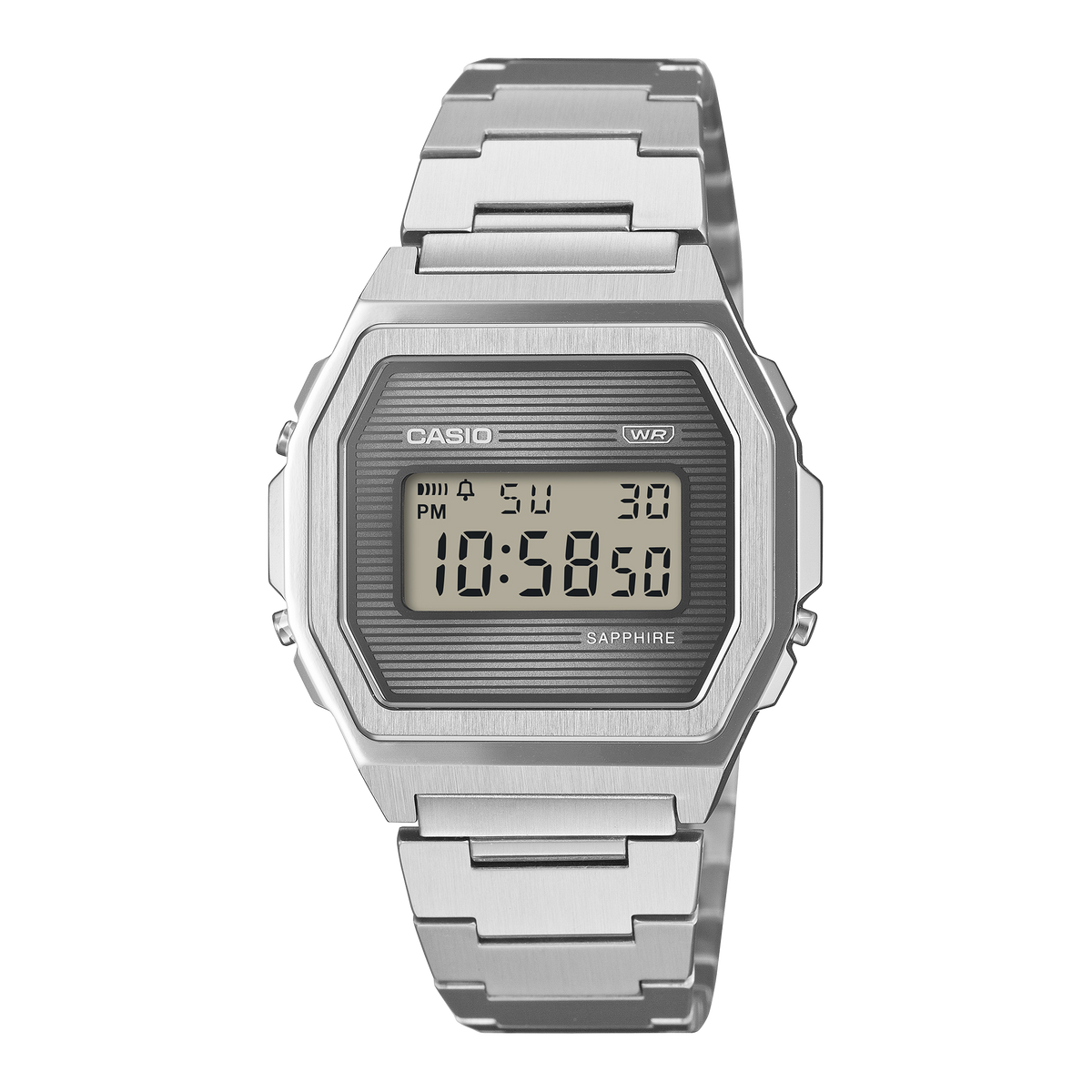 Casio Vintage A1000SP-7D full metal digital watch with sunray dial, shown straight on.