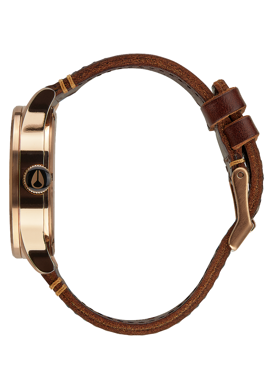 Wristwatch with a brown leather strap and gold-toned case.