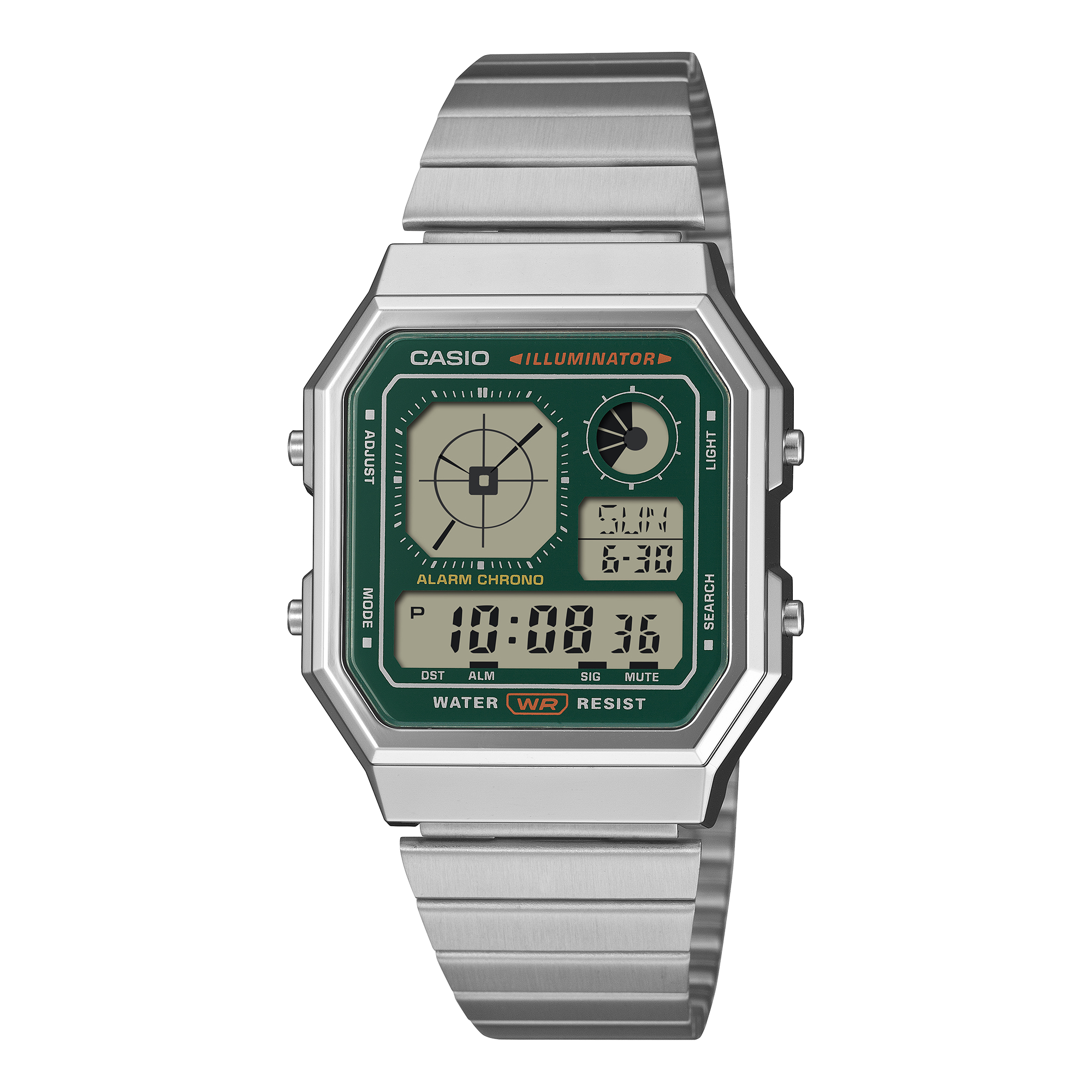 Casio Vintage A130WE-3A green digital watch on a stainless steel bracelet, shown straight on.