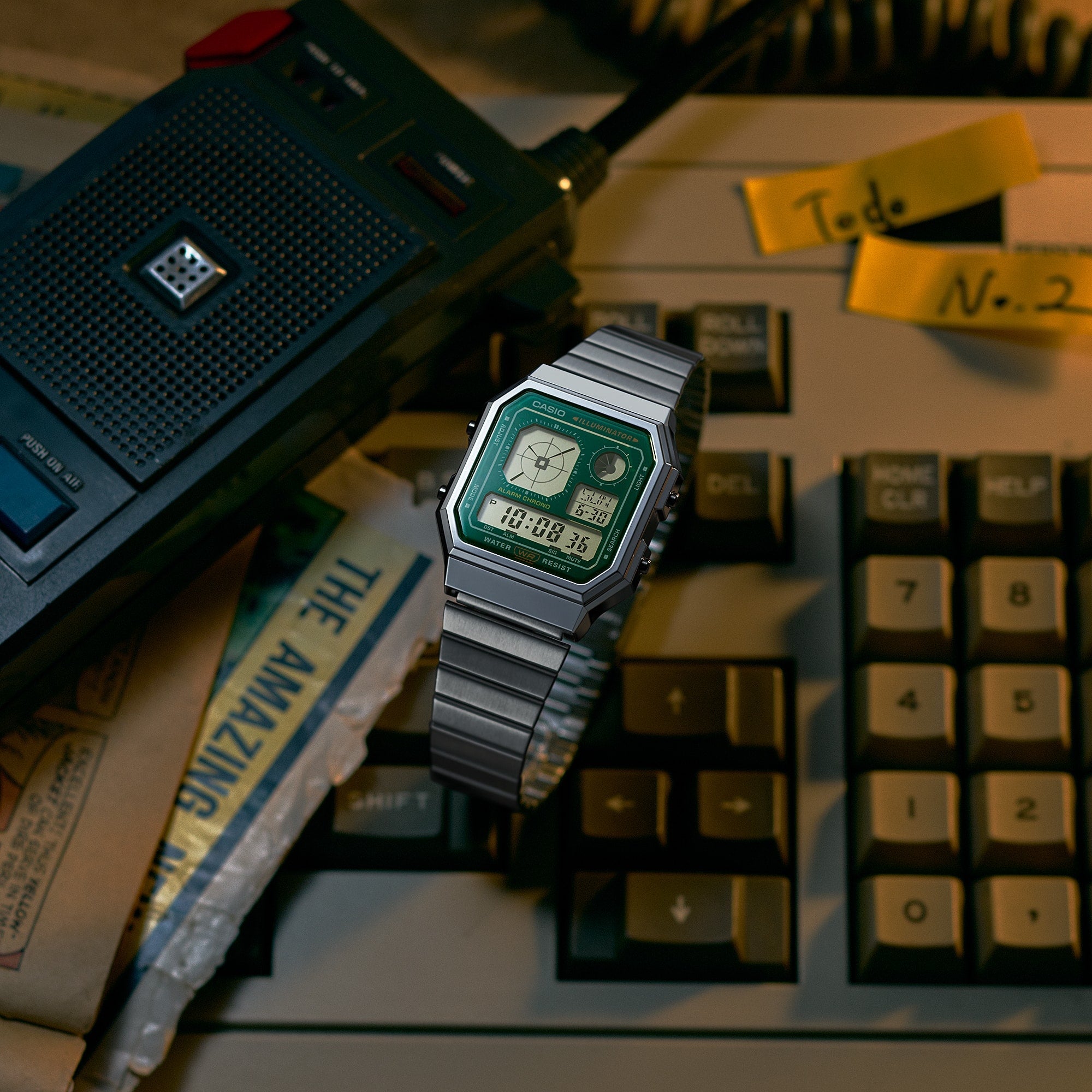 Casio Vintage A130WE-3A green digital display, detail view.