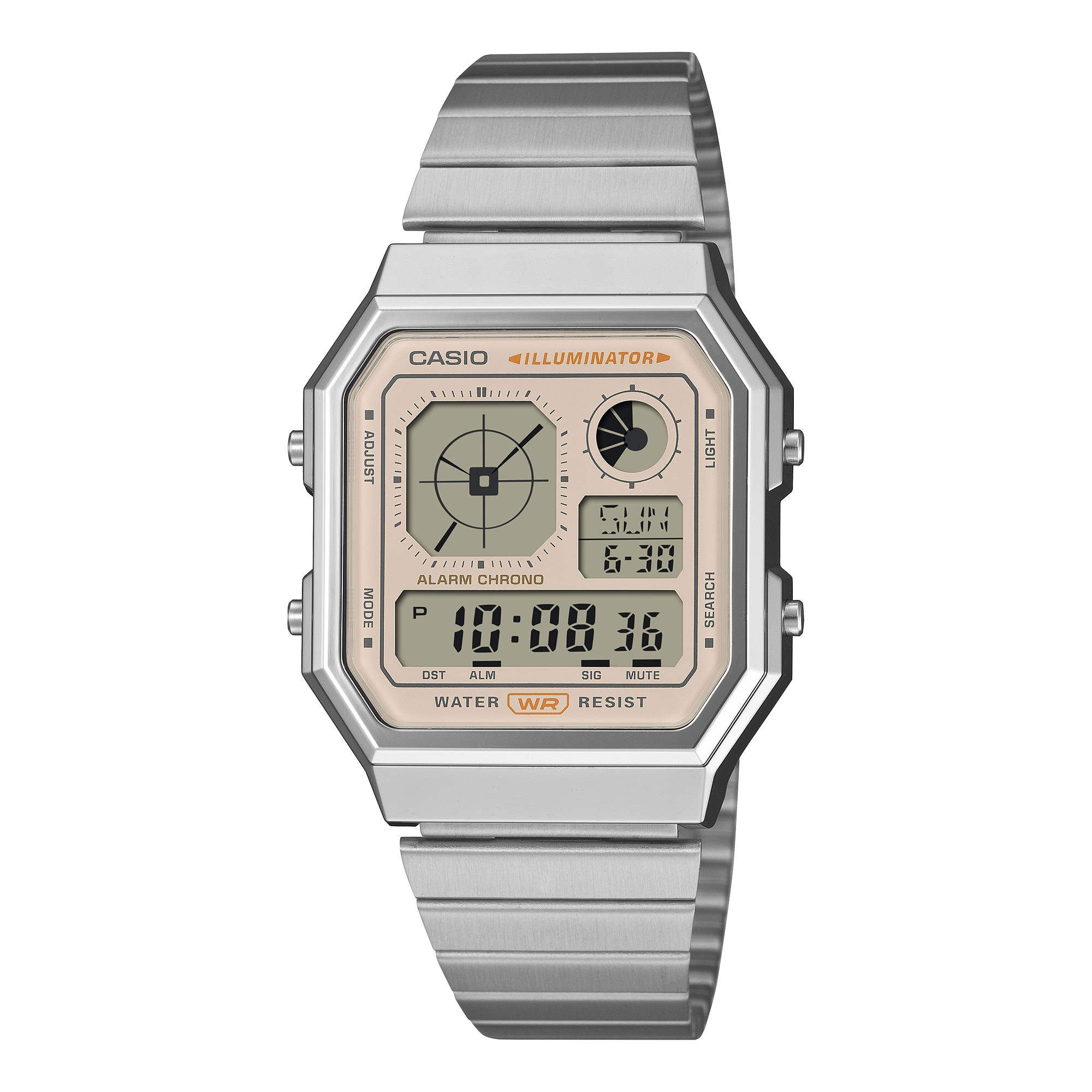 Casio Vintage A130WE-9A cream digital watch on a stainless steel bracelet, shown straight on.