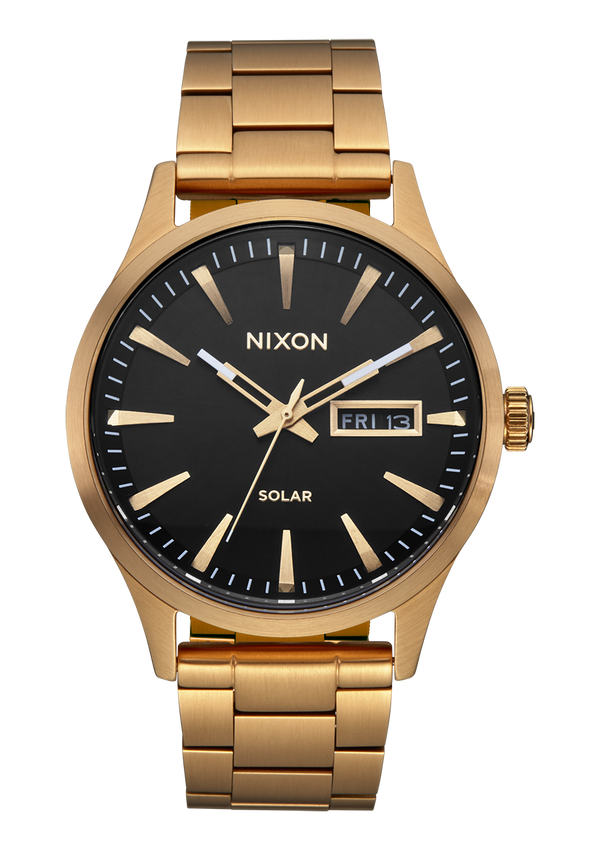 Gold-toned wristwatch with a black dial face and day-date display.
