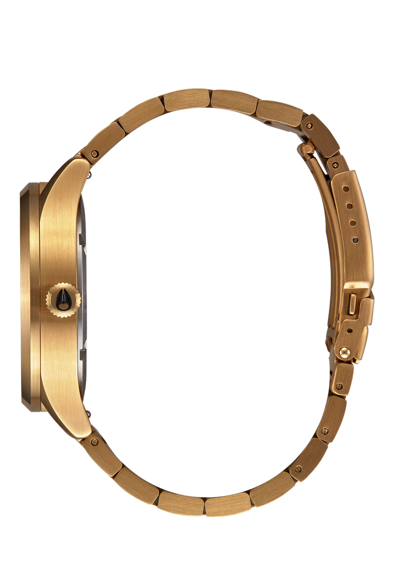 Gold-toned wristwatch with a metal band and circular face.