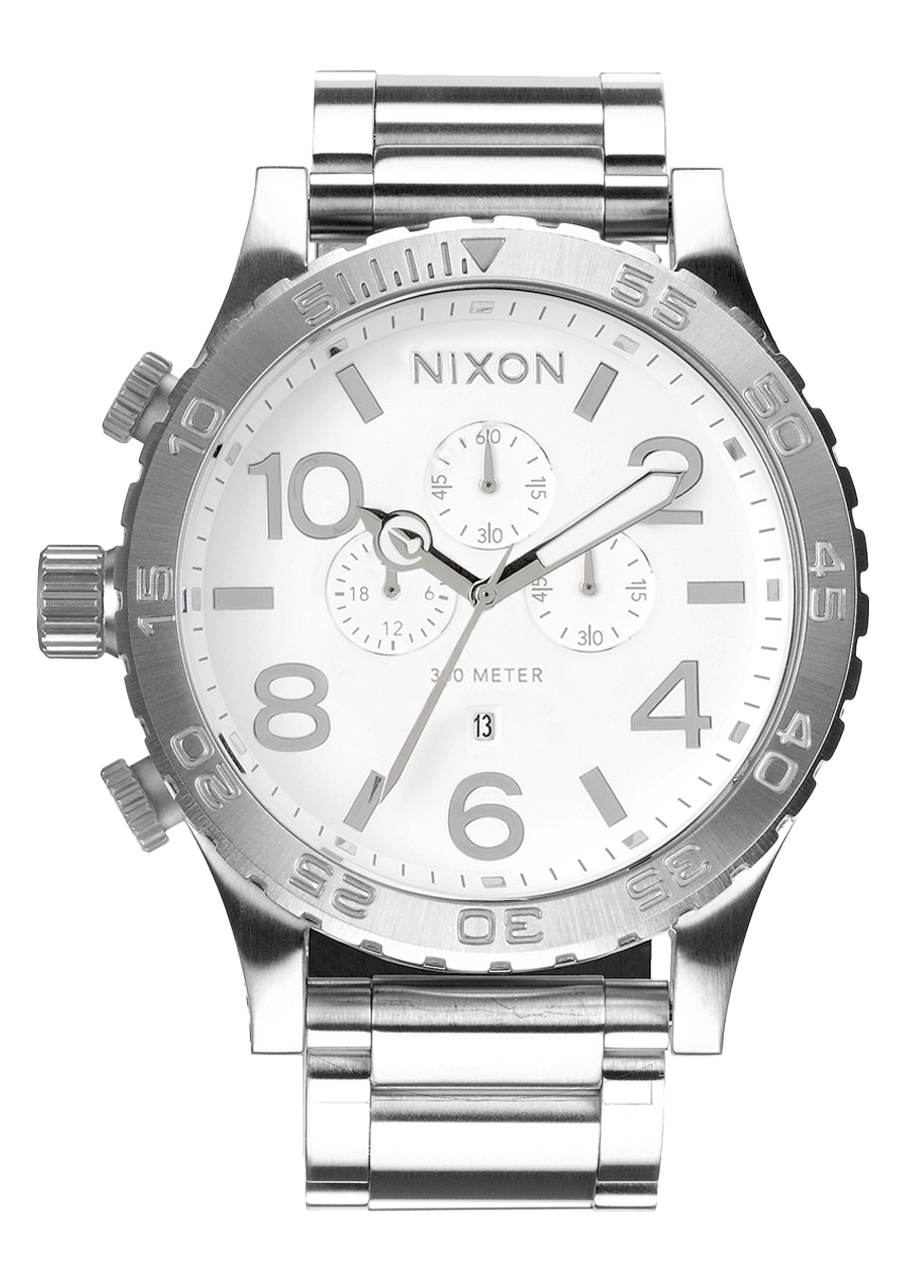 Silver-toned Nixon wristwatch with a white dial and chronograph features.
