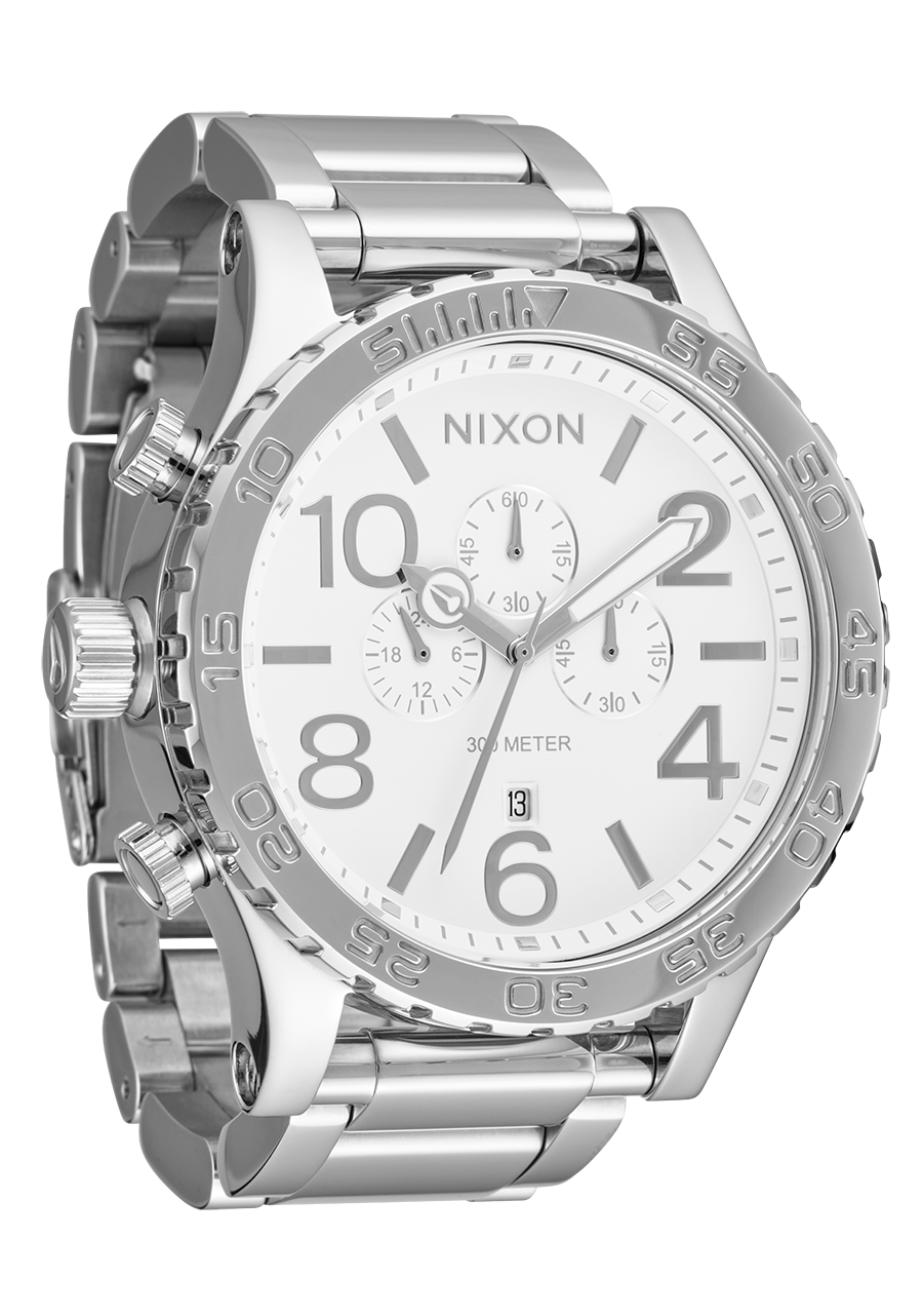 Silver-toned wristwatch with a white dial and chronograph features.