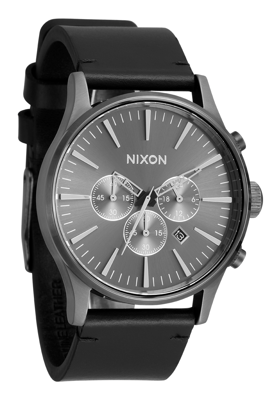 Sleek gray chronograph wristwatch with a black leather strap.