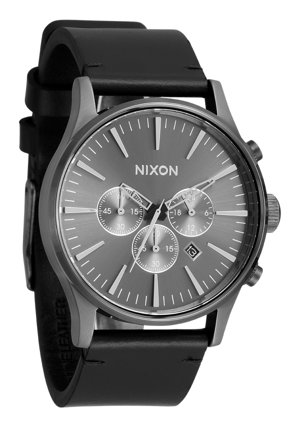 Sleek gray chronograph wristwatch with a black leather strap.