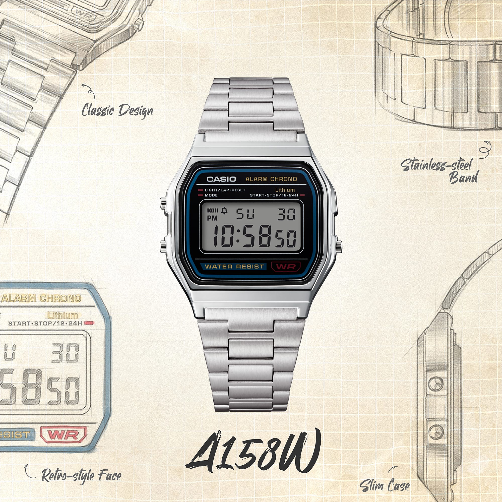 Casio Stainless Steel Digital Silver Dial Watch A158WA-1A