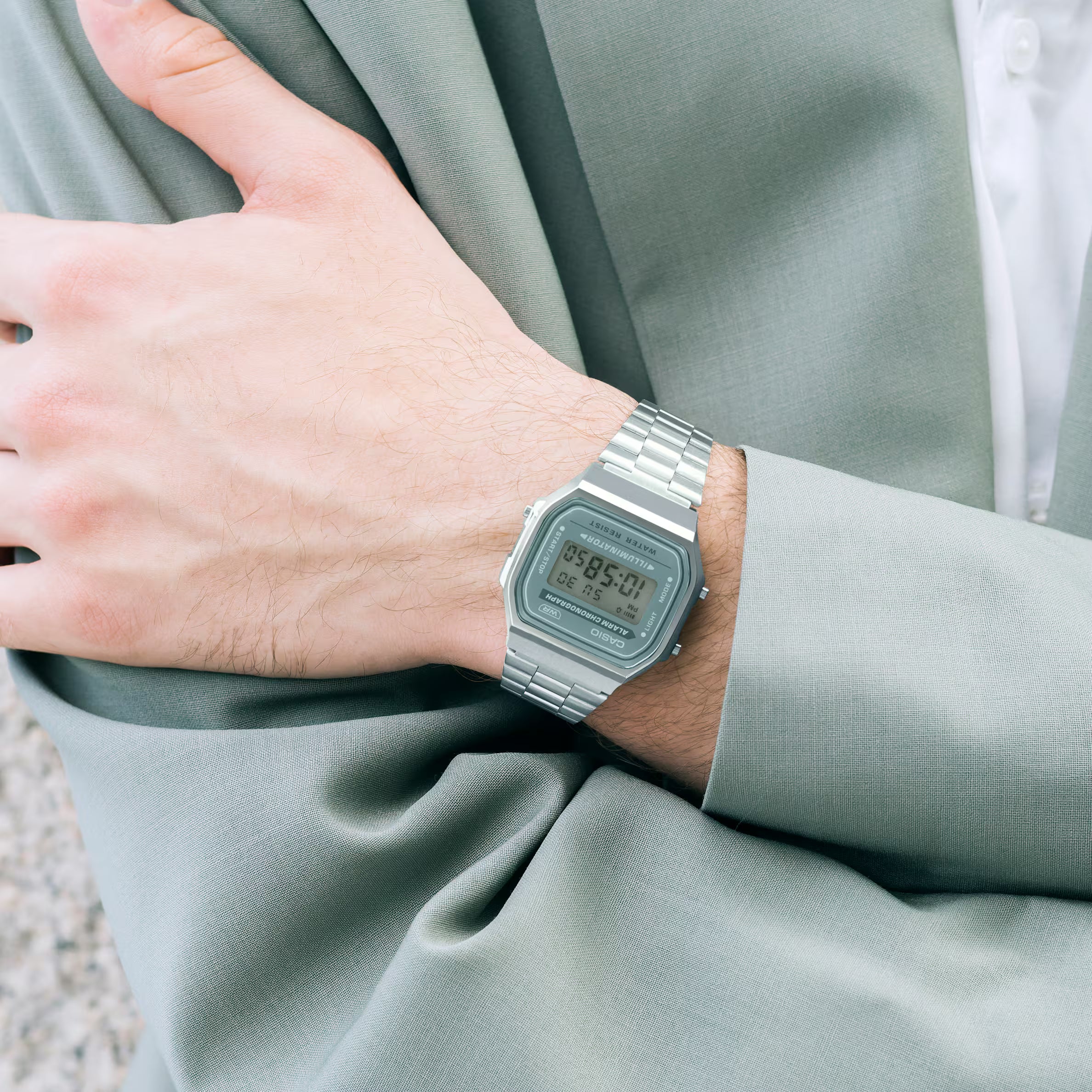 Casio Classic Digital Stainless Steel Green Dial Watch A168WA-3A